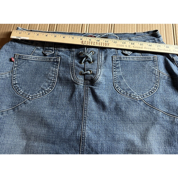 Vtg London Blue Vigoss Jean Skirt Size 1X Blue Denim Lace Up Front Slits Pockets - Picture 7 of 16